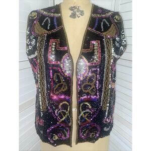 80s Creazioni Effeci Vest Sz M Sequin Beaded Black Line Open Front